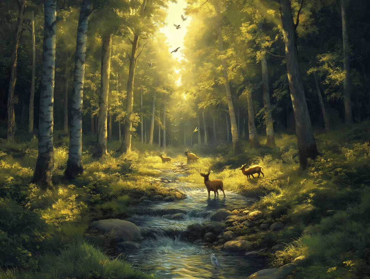 Forest and Deer Mural Wallpaper in Bedroom Various Shades of Green, Brown, and Yellow Forest Mural Wallpaper - room preview 02