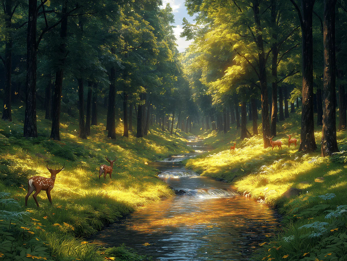 Forest and Deer Mural Wallpaper in Bedroom Various Shades of Green, Brown, and Yellow Forest -1 Mural Wallpaper - room preview 02