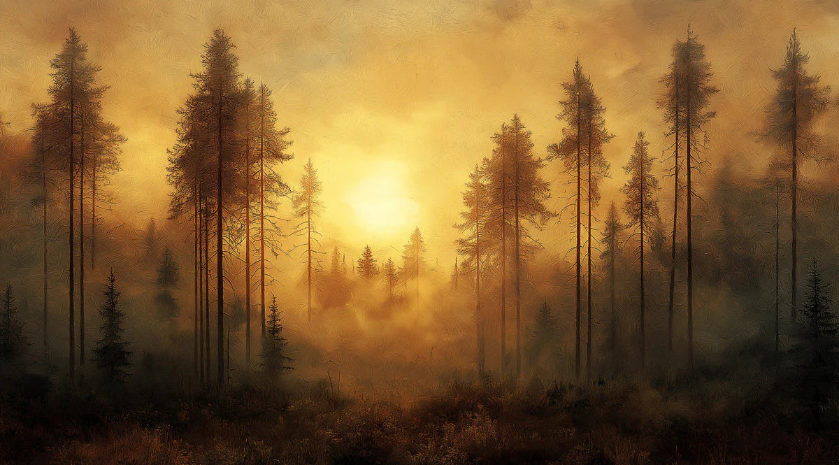 Forest at Sunset Mural Wallpaper in Bedroom Orange, Yellow, and Black Forest -2 Mural Wallpaper - room preview 02