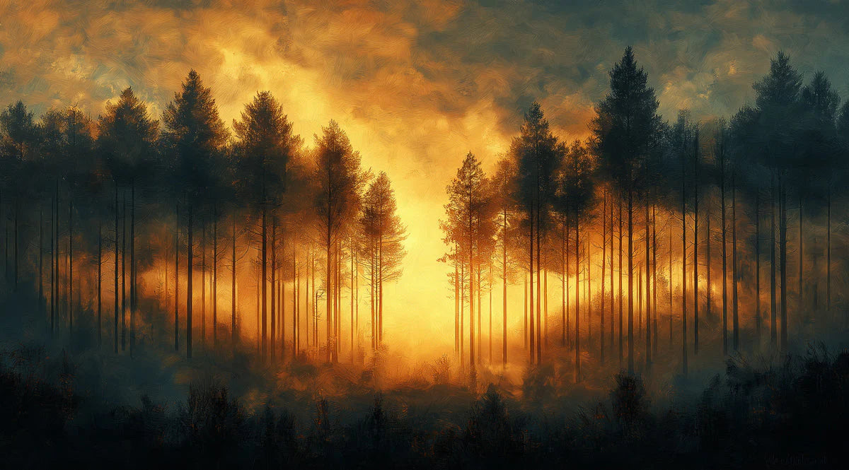 Forest at Sunset Mural Wallpaper in Bedroom Orange, Yellow, and Black Forest -3 Mural Wallpaper - room preview 02