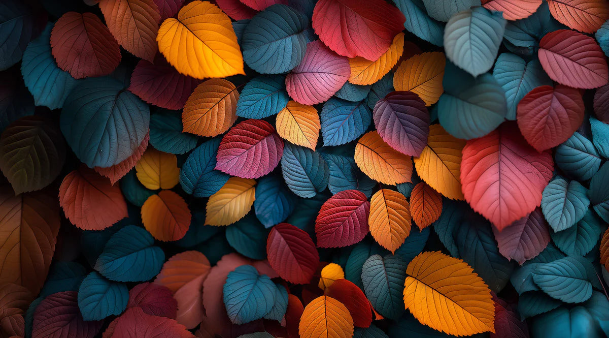Colorful Leaf Mural Wallpaper in Bedroom Various Colors (Orange, Blue, Purple, etc.) Leaves -2 Mural Wallpaper - room preview 02