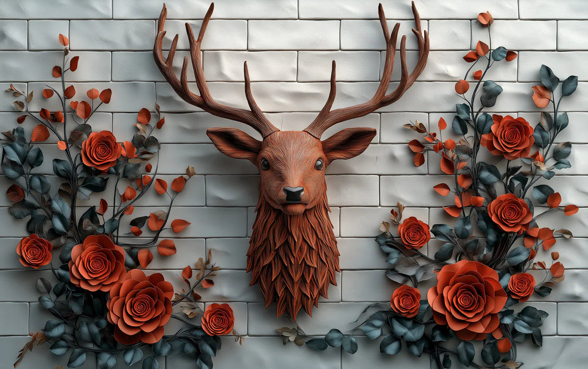 Deer and Roses Mural Wallpaper in Living Room Brown, Orange, and Gray Deer and Roses Mural Wallpaper - room preview 02