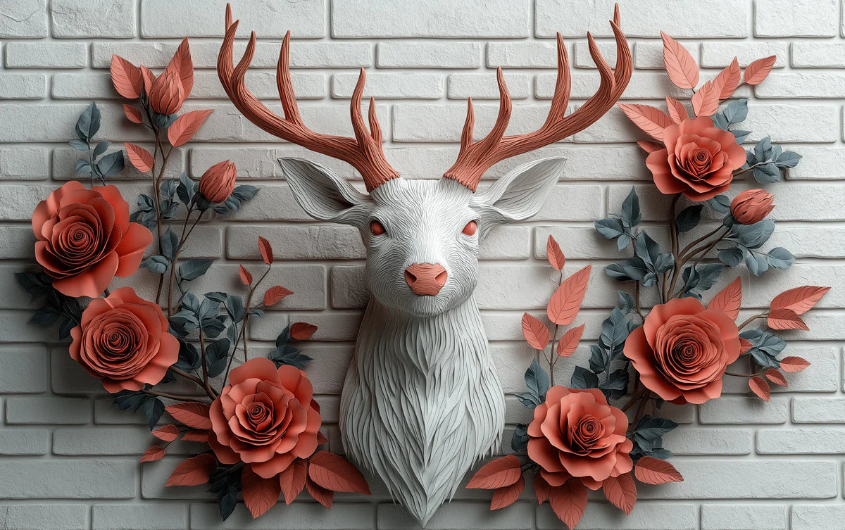 Deer and Roses Mural Wallpaper in Living Room Brown, Orange, and Gray Deer and Roses -1 Mural Wallpaper - room preview 02