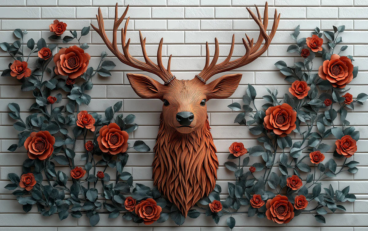 Deer and Roses Mural Wallpaper in Living Room Brown, Orange, and Gray Deer and Roses -2 Mural Wallpaper - room preview 02