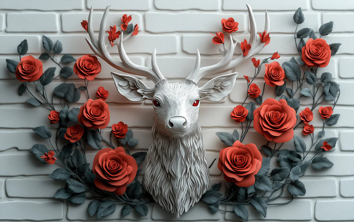 Deer and Roses Mural Wallpaper in Living Room Brown, Orange, and Gray Deer and Roses -3 Mural Wallpaper - room preview 02