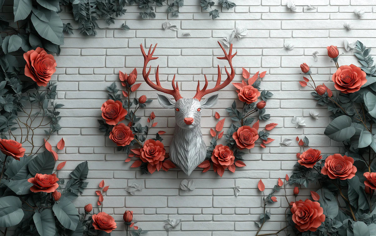 Deer and Roses Mural Wallpaper in Living Room Brown, Orange, and Gray Deer and Roses -4 Mural Wallpaper - room preview 02