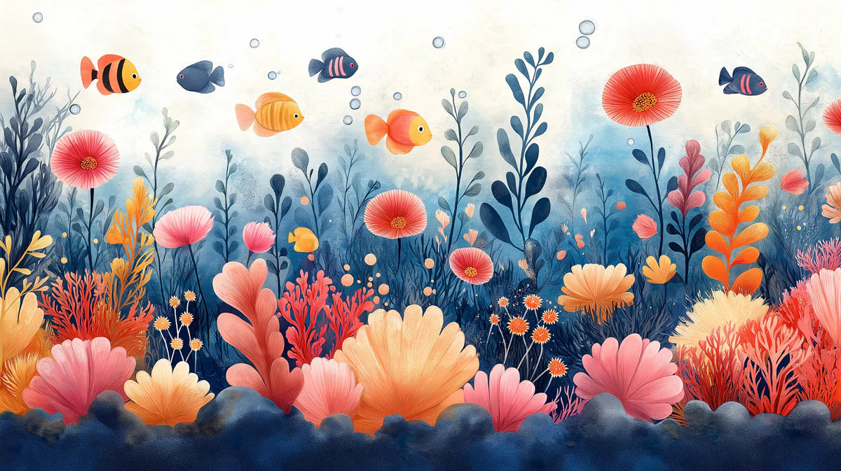 Coral Reef Mural Wallpaper in Dining Room or Kid's Room Blue, Pink, and White Corals -1 Mural Wallpaper - room preview 02