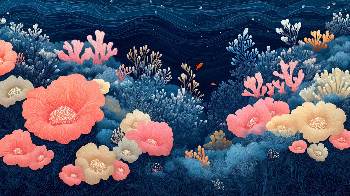 Coral Reef Mural Wallpaper in Dining Room or Kid's Room Blue, Pink, and White Corals -2 Mural Wallpaper - room preview 02