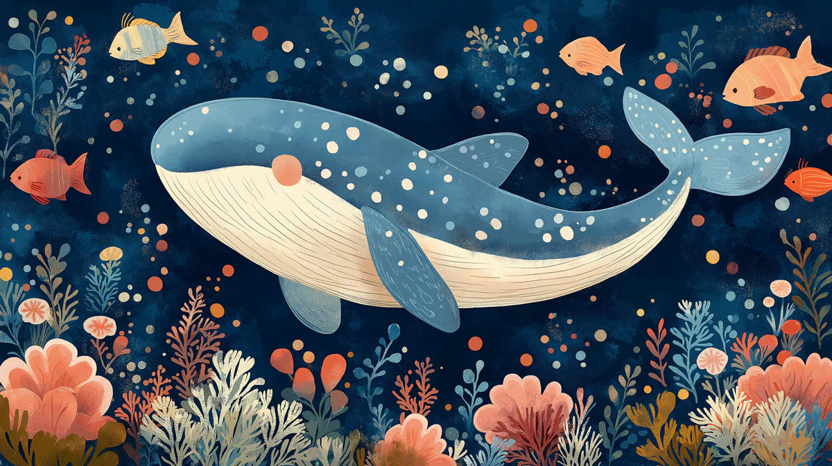 Whale and Underwater Mural Wallpaper in Child's Room Blue, Orange, and Various Pastel Shades Whale Mural Wallpaper - room preview 02