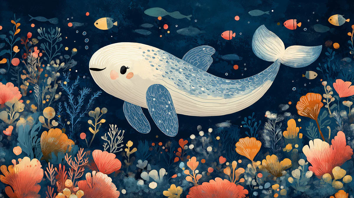 Whale and Underwater Mural Wallpaper in Child's Room Blue, Orange, and Various Pastel Shades Whale -1 Mural Wallpaper - room preview 02