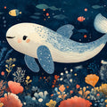 Whale and Underwater Mural Wallpaper in Child's Room Blue, Orange, and Various Pastel Shades Whale -1 Mural Wallpaper - room preview 02