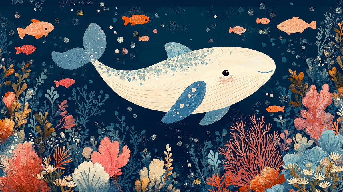 Whale and Underwater Mural Wallpaper in Child's Room Blue, Orange, and Various Pastel Shades Whale -2 Mural Wallpaper - room preview 02