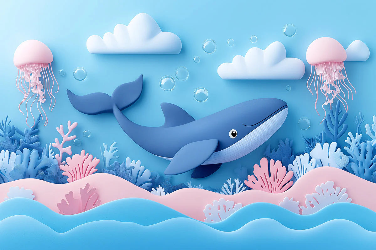 Whale and Underwater Mural Wallpaper in Child's Room Blue, Orange, and Various Pastel Shades Whale -3 Mural Wallpaper - room preview 02