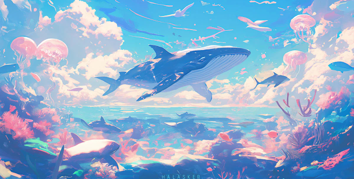 Whale and Underwater Mural Wallpaper in Child's Room Blue, Orange, and Various Pastel Shades Whale -4 Mural Wallpaper - room preview 02