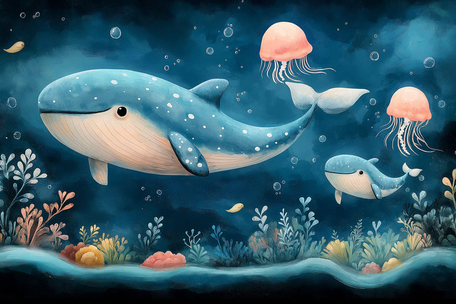 Sea Wallpaper Mural – Ocean Wall Mural – Whale and Underwater in Child's Room Blue, Orange, and Various Pastel Shades Whale -5 printable artwork