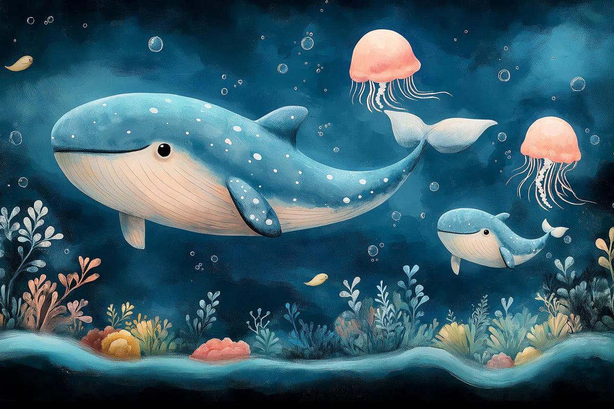 Whale and Underwater Mural Wallpaper in Child's Room Blue, Orange, and Various Pastel Shades Whale -5 Mural Wallpaper - room preview 02
