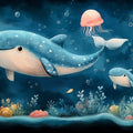 Whale and Underwater Mural Wallpaper in Child's Room Blue, Orange, and Various Pastel Shades Whale -5 Mural Wallpaper - room preview 02