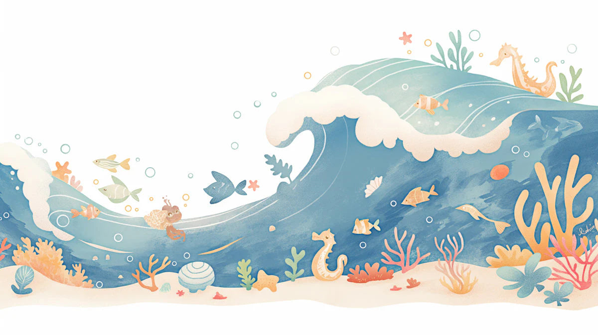Ocean Wave and Sea Creatures Mural Wallpaper in Playroom Blue, Green, and Various Pastel Ocean Wave Mural Wallpaper - room preview 02