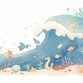 Ocean Wave and Sea Creatures Mural Wallpaper in Playroom Blue, Green, and Various Pastel Ocean Wave Mural Wallpaper - room preview 02