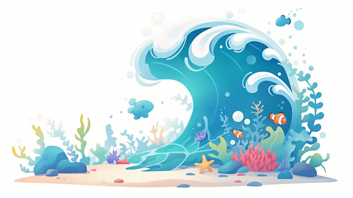 Ocean Wave and Sea Creatures Mural Wallpaper in Playroom Blue, Green, and Various Pastel Ocean Wave -1 Mural Wallpaper - room preview 02