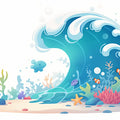 Ocean Wave and Sea Creatures Mural Wallpaper in Playroom Blue, Green, and Various Pastel Ocean Wave -1 Mural Wallpaper - room preview 02