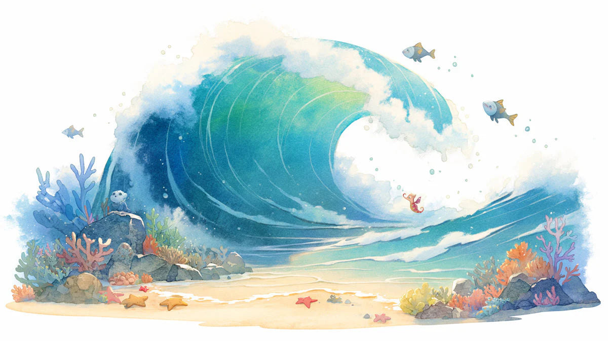 Ocean Wave and Sea Creatures Mural Wallpaper in Playroom Blue, Green, and Various Pastel Ocean Wave -2 Mural Wallpaper - room preview 02