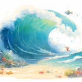 Ocean Wave and Sea Creatures Mural Wallpaper in Playroom Blue, Green, and Various Pastel Ocean Wave -2 Mural Wallpaper - room preview 02