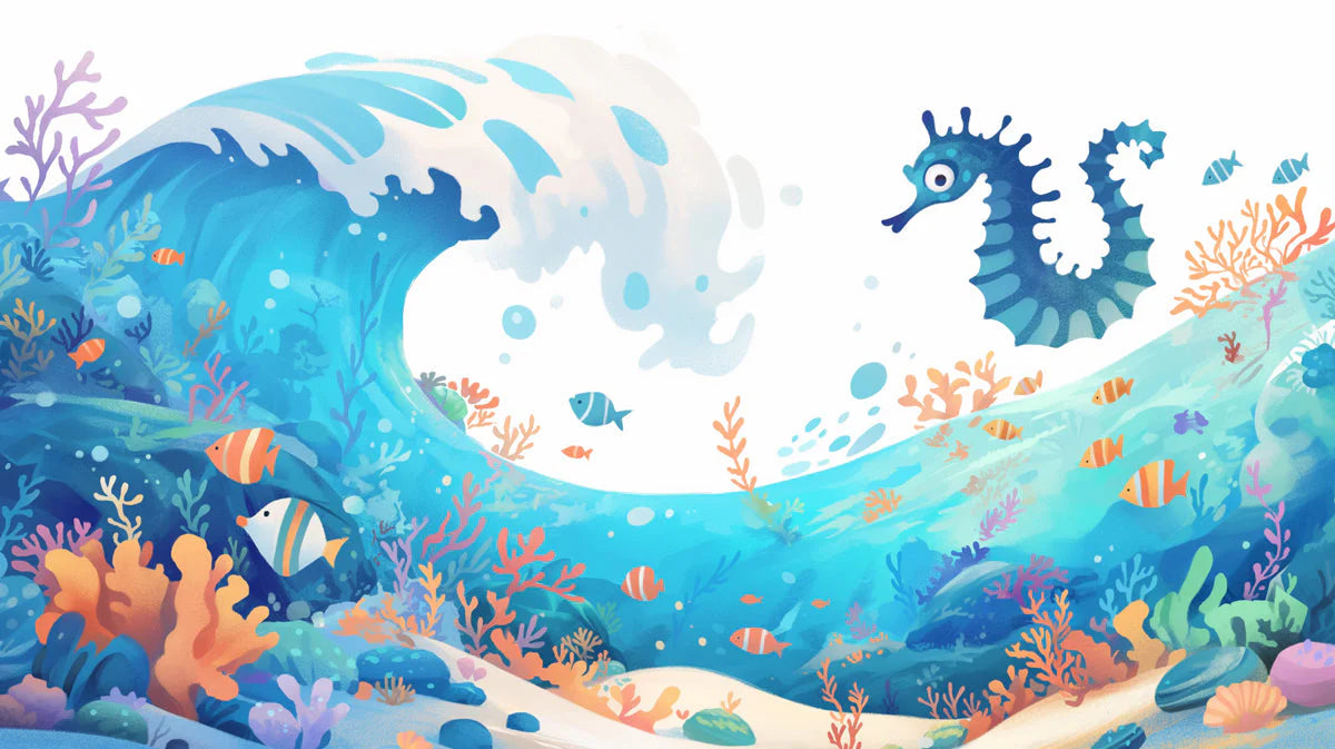 Blue Wave and Seahorse Mural Wallpaper in Playroom Blue, Orange, and Various Pastel Wave and Seahorse Mural Wallpaper - room preview 02