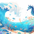 Blue Wave and Seahorse Mural Wallpaper in Playroom Blue, Orange, and Various Pastel Wave and Seahorse Mural Wallpaper - room preview 02