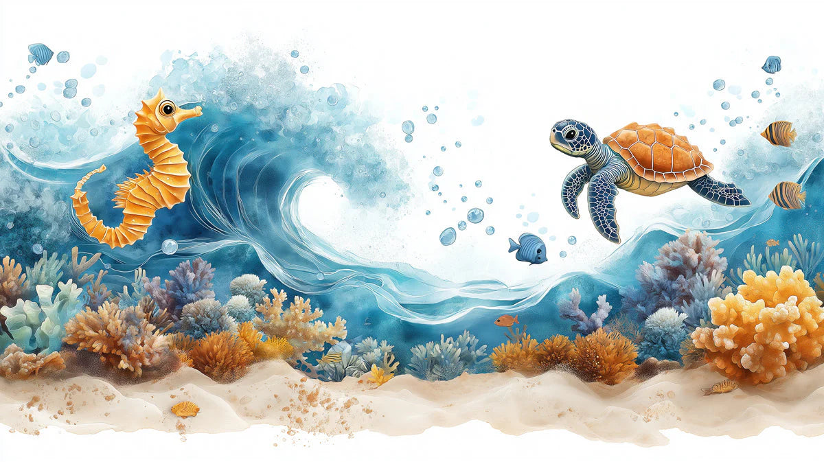 Blue Wave and Seahorse Mural Wallpaper in Playroom Blue, Orange, and Various Pastel Wave and Seahorse -1 Mural Wallpaper - room preview 02