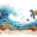 Blue Wave and Seahorse Mural Wallpaper in Playroom Blue, Orange, and Various Pastel Wave and Seahorse -1 Mural Wallpaper - room preview 02