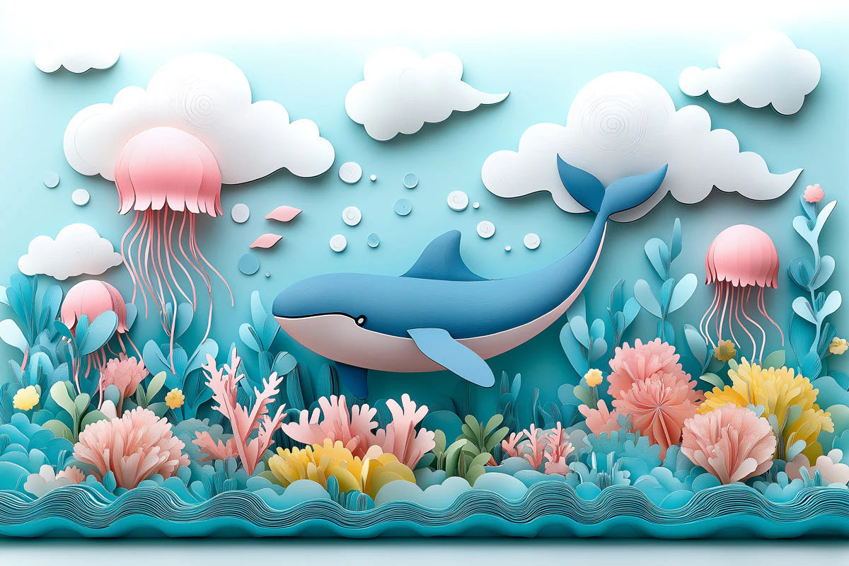 Paper Art Ocean Scene Mural Wallpaper in Playroom Blue, Pink, and Various Pastel Shades Whale Mural Wallpaper - room preview 02