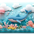 Paper Art Ocean Scene Mural Wallpaper in Playroom Blue, Pink, and Various Pastel Shades Whale Mural Wallpaper - room preview 02