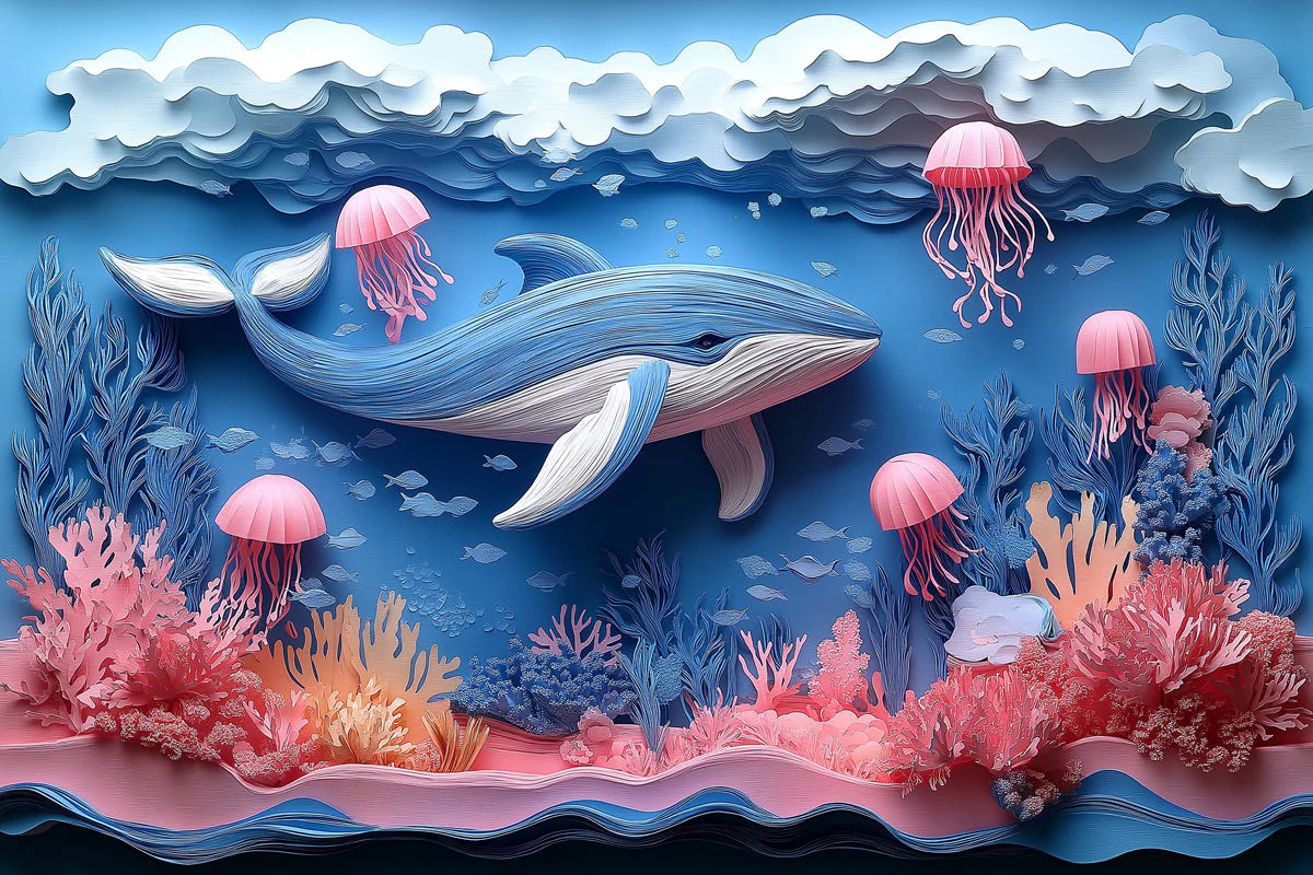 Paper Art Ocean Scene Mural Wallpaper in Playroom Blue, Pink, and Various Pastel Shades Whale -1 Mural Wallpaper - room preview 02