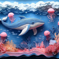 Paper Art Ocean Scene Mural Wallpaper in Playroom Blue, Pink, and Various Pastel Shades Whale -1 Mural Wallpaper - room preview 02
