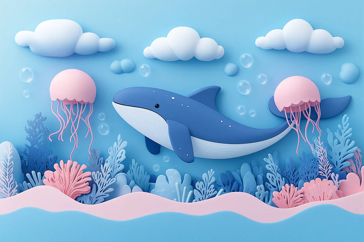 Paper Art Ocean Scene Mural Wallpaper in Playroom Blue, Pink, and Various Pastel Shades Whale -2 Mural Wallpaper - room preview 02