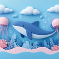 Paper Art Ocean Scene Mural Wallpaper in Playroom Blue, Pink, and Various Pastel Shades Whale -2 Mural Wallpaper - room preview 02