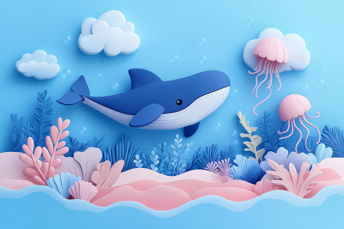 Paper Art Ocean Scene Mural Wallpaper in Playroom Blue, Pink, and Various Pastel Shades Whale -3 Mural Wallpaper - room preview 02