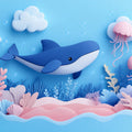 Paper Art Ocean Scene Mural Wallpaper in Playroom Blue, Pink, and Various Pastel Shades Whale -3 Mural Wallpaper - room preview 02