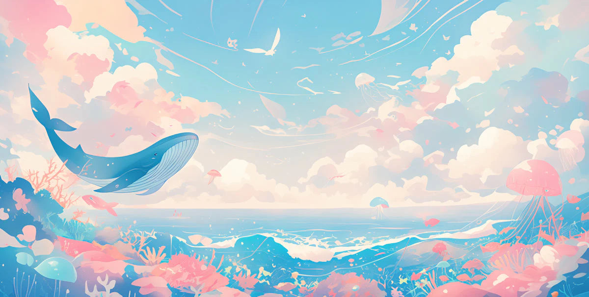 Paper Art Ocean Scene Mural Wallpaper in Playroom Blue, Pink, and Various Pastel Shades Whale -4 Mural Wallpaper - room preview 02