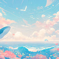 Paper Art Ocean Scene Mural Wallpaper in Playroom Blue, Pink, and Various Pastel Shades Whale -4 Mural Wallpaper - room preview 02