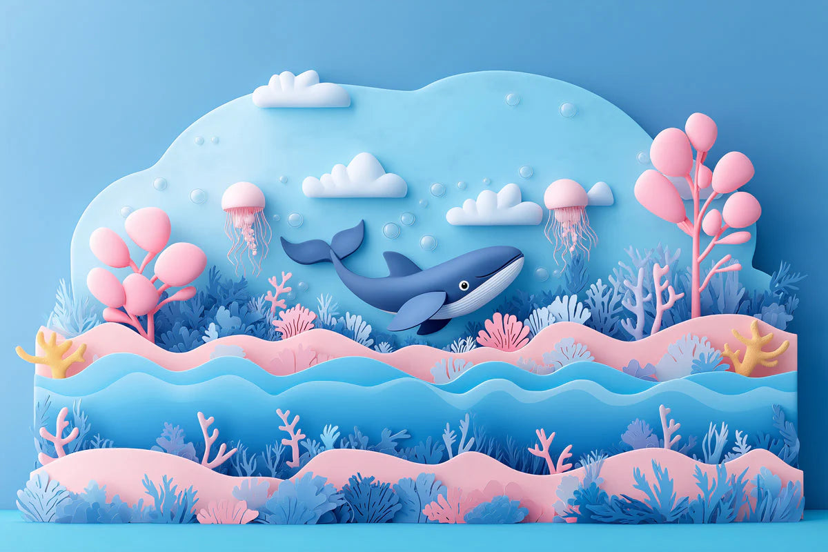 Paper Art Ocean Scene Mural Wallpaper in Playroom Blue, Pink, and Various Pastel Shades Whale -5 Mural Wallpaper - room preview 02
