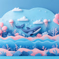 Paper Art Ocean Scene Mural Wallpaper in Playroom Blue, Pink, and Various Pastel Shades Whale -5 Mural Wallpaper - room preview 02