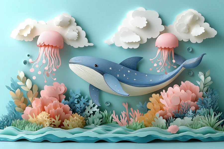 Papier Peint Mural Scène Océanique en Papier dans les tons Bleu, Rose et Divers Pastels Baleine -6 Papier Peint Mural printable artwork