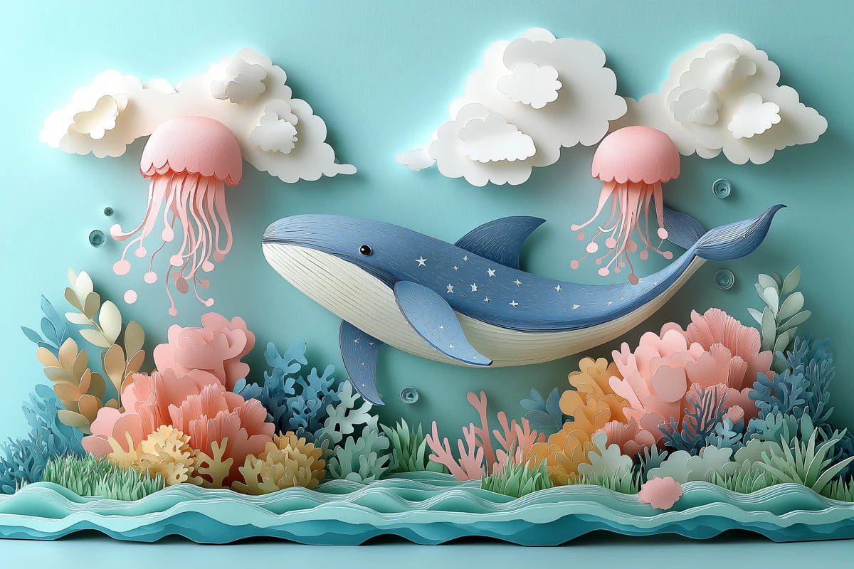 Paper Art Ocean Scene Mural Wallpaper in Playroom Blue, Pink, and Various Pastel Shades Whale -6 Mural Wallpaper - room preview 02
