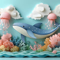 Paper Art Ocean Scene Mural Wallpaper in Playroom Blue, Pink, and Various Pastel Shades Whale -6 Mural Wallpaper - room preview 02