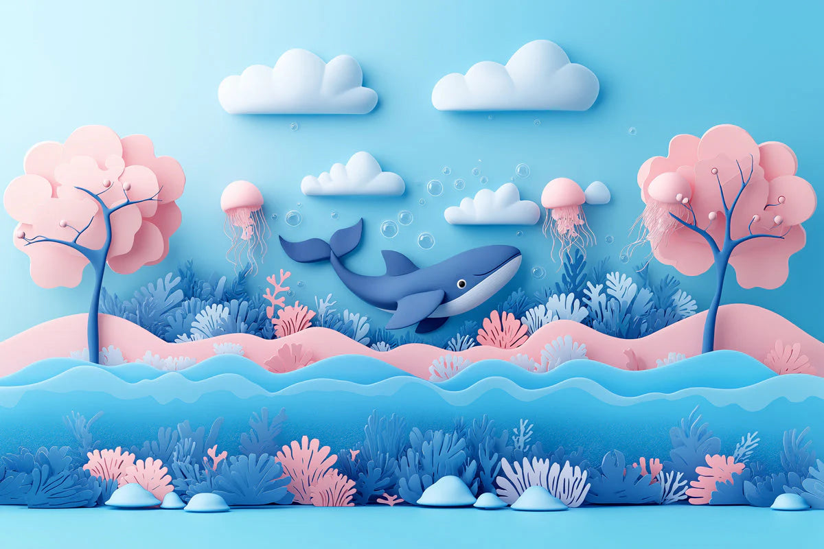 Paper Art Ocean Scene Mural Wallpaper in Playroom Blue, Pink, and Various Pastel Shades Whale -7 Mural Wallpaper - room preview 02