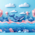 Paper Art Ocean Scene Mural Wallpaper in Playroom Blue, Pink, and Various Pastel Shades Whale -7 Mural Wallpaper - room preview 02