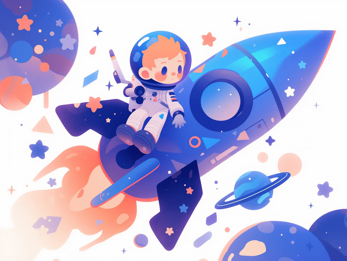 Astronaut and Rocket Mural Wallpaper in Child's Room Blue, Purple, and Orange Astronaut and Rocket Mural Wallpaper - room preview 02