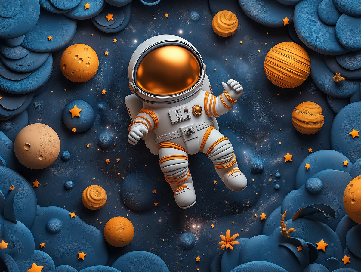Astronaut in Space Mural Wallpaper in Child's Room Blue, Orange, and Yellow Astronaut Mural Wallpaper - room preview 02